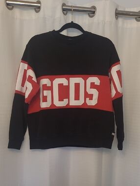 GCDS Black and Red Logo Crewneck Sweater 100% Cotton Made In Italy